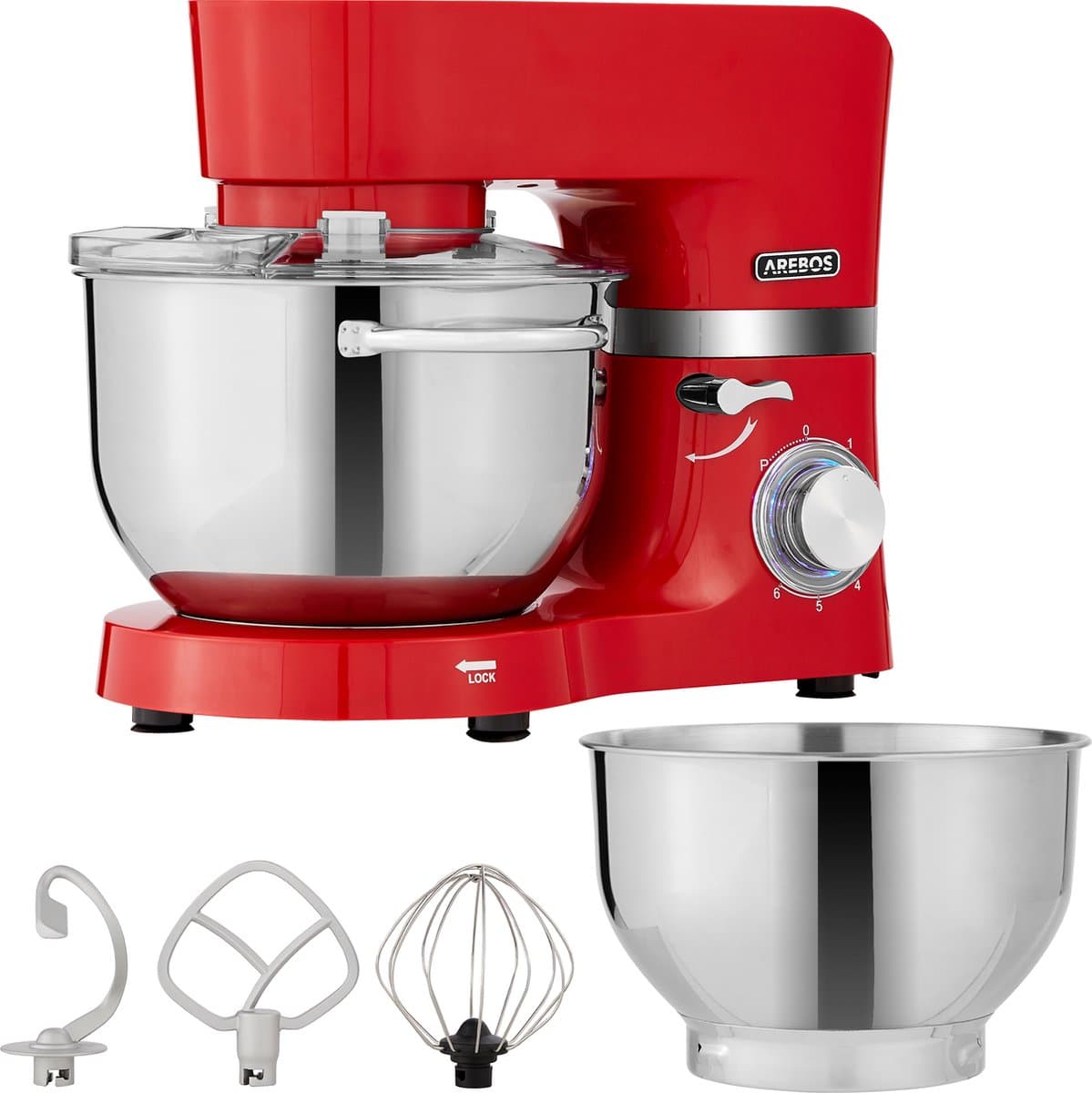 AREBOS Keukenmachine - 1500W - Keukenrobot - 5,5L&4,5L - Keukenmixer - Foodprocessor - Roestvrij Stalen Mengkom - 6 Snelheden - Rood — afbeelding 1