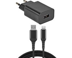 USB lader + Lightning kabel - USB A naar Lightning - 2.0 - Nylon mantel - Zwart - 3 meter - Allteq