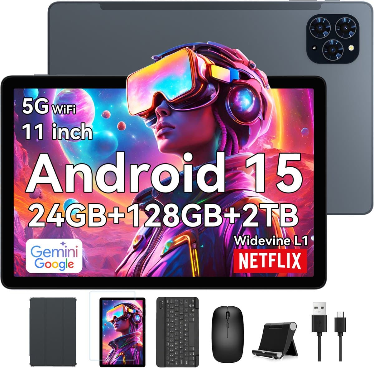 TABWEE Tablet T90 - 24GB RAM - 128GB ROM - 8000 mAh - 11 Inch - Met Toetsenbord(QWERTY) - Hoes - Stylus - Muis - Gemini AI - Bluetooth 5.0 - Android 16 - Grijs — afbeelding 1