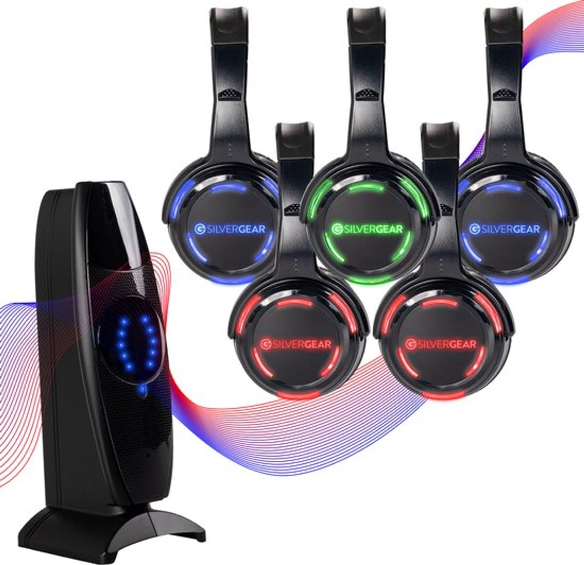 Silent Disco Set Met 5 Koptelefoons - Complete DJ Set voor Ultieme Feestervaring - Verlichte Discolamp - Draadloos — afbeelding 1