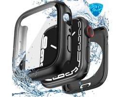 2-in-1 waterdichte hoes gescht voor Apple Watch Series 9/8/7 schermbeschermer 41 mm, 360 beschermende PC Cover met gehard glas, voor- en achterbumper voor iWatch 9/8/7 stofdicht anti-kras (zwart)
