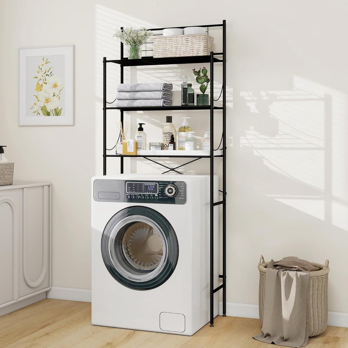 Wasmachine Kast en Toiletrek - 3-laags Badkamerrek - Handdoekhouder - Boven Toilet Opbergrek - Ruimtebesparend Badkamermeubel - Metaal Zwart - Eenvoudig te Monteren - 65x166x24 cm - Multifunctioneel Opbergrek — afbeelding 1