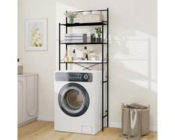 Wasmachine Kast en Toiletrek - 3-laags Badkamerrek - Handdoekhouder - Boven Toilet Opbergrek - Ruimtebesparend Badkamermeubel - Metaal Zwart - Eenvoudig te Monteren - 65x166x24 cm - Multifunctioneel Opbergrek