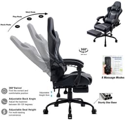 Delman Gaming Stoel met Massagefunctie – Ergonomische Bureaustoel met 6 Vibratiepunten, Hoofdkussen, Lendenkussen, Voetsteun en Zijvakken, Sterk Metalen Onderstel – Ideaal voor Kantoor & Studieruimte — thumbnail 2