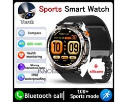 Knobbout 1.7" Outdoor Smartwatch – Digitale Kompas - LED & UV Licht -600mAh batterij - Bluetooth Bellen- IP68 Waterdicht -AI Spraakassistent - Gezondheid & Sportfuncties -Zwart staal + Siliconen Band