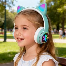 longziming Draadloze Kinder Koptelefoon – Cat Headphones met LED Oortjes – Bluetooth Hoofdtelefoon– Bluetooth 5.0 – Licht Groen – Met Verlichting – Opvouwbare opbergruimte – Groen en wit — thumbnail 6