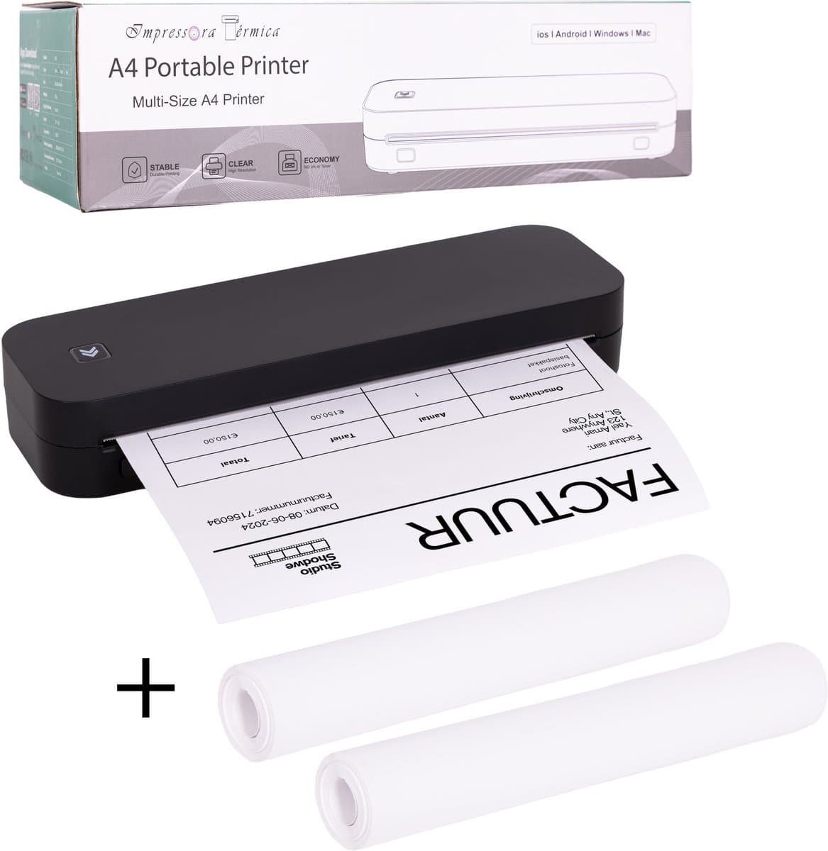 Impressora Térmica® - Thermische A4 printer - Mini Printer voor Mobiel/Tablet/Laptop - 304 DPI - Pocket Printer - Tattoo printer - Inclusief twee rollen thermisch papier - Zwart — afbeelding 1