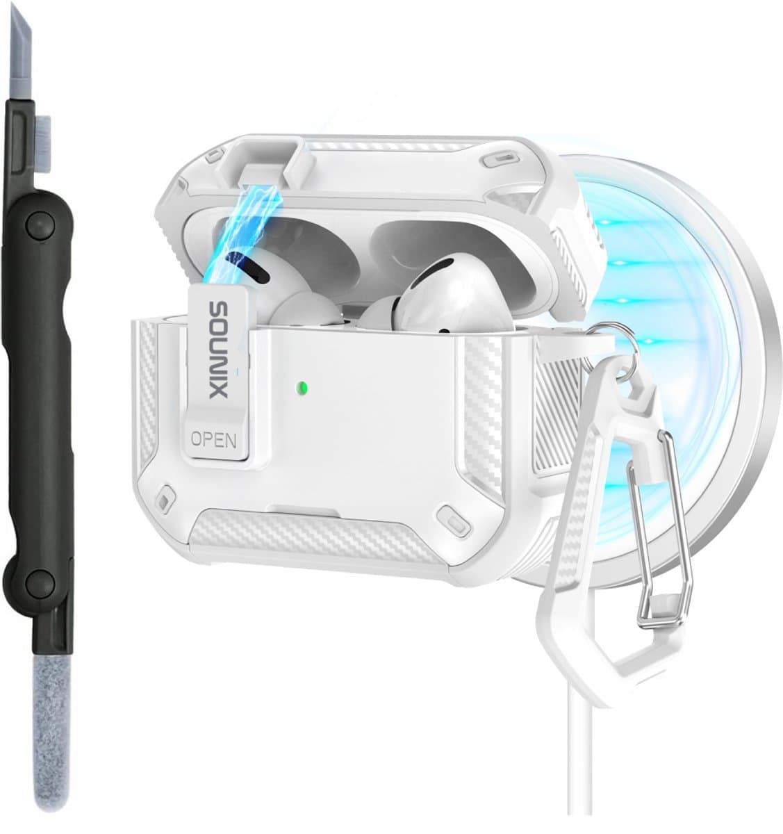 Sounix Hoesje geschikt voor Airpods Pro 1 / 2 - Met schoonmaak borstel - Airpods Pro Hoesje - Armor Case met Lock - Wit — afbeelding 1