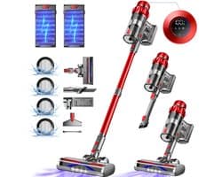 Elekiatech Steelstofzuiger - Steelstofzuiger Draadloos - Met 2 Accu’s - 70000Pa - 3 Standen Zuigkracht - LED-Display - 2200 mAh Accu - 20–70 Min Werktijd - 1,8L - Met Meubelborstel - Voor Tapijt, Harde Vloeren en Dierenharen - Rood