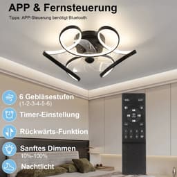 Plafondventilator - Zwart - Smart Lamp - Dimbaar - 50 cm - 6 Standen Ventilator - Keuken Lamp - Woonkamer Lamp - Moderne Lamp - Slaapkamer Lamp Ventilator — thumbnail 2