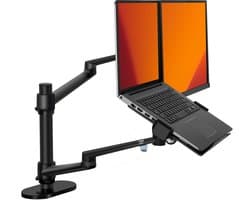 Alberenz® Laptop & Monitor Arm Zwart – 2-in-1 Monitor- en Laptopbeugel – Verstelbare Ergonomische monitorbeugel – Tot 32 inch monitor, tot 17 inch laptop – Kabelmanagement – Stabiel en Ruimtebesparende monitorarm