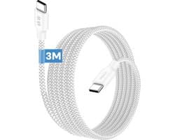 Lange usb C kabel 3m - 65w laptop oplader usb C - Oplaadkabel - Stevig nylon - Wit - Phreeze