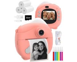ODESSEY Kindercamera met Printer - Full HD - Selfie Camera - 32GB SD Kaart - Foto - Video - Spelletjes - Digitale Camera Kinderen - Fototoestel voor kinderen - Roze