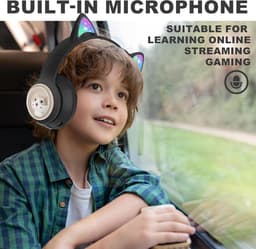 Kinder Bluetooth Oortjes - 85dB & Opvouwbaar - Met LED Kattenoren - Geschikt voor Tablet en PC (Zwart) — thumbnail 3