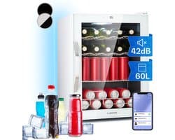 Klarstein minikoelkast met glazen deur en ledverlichting, minikoelkast voor op de kamer, kleine drankkoeler met IoT/app-bediening, kleine koelkast 60 liter, koelkast voor binnen en buiten, stil, 3-18 °C
