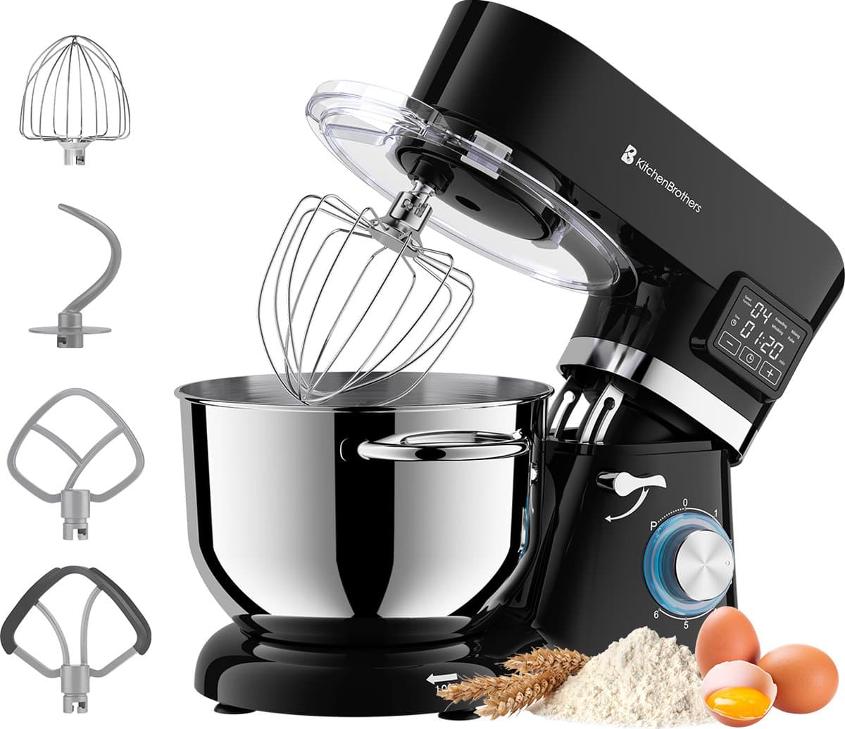 KitchenBrothers Keukenrobot - Keukenmachine - Touch Display en Timer - BPA-vrij - 6,2L - Keukenmixer - 1400W - Zwart — afbeelding 1