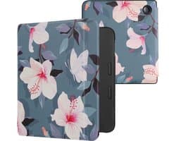 kwmobile e-reader hoesje geschikt voor Tolino Vision 6 hoes - E reader flip case met magnetische sluiting - Ereader cover - Fuchsia bloemen design in wit / poederroze / paars