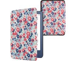 kwmobile e-reader hoesje geschikt voor Amazon Kindle (2022/2024) hoes - E reader flip case met magnetische sluiting - Ereader cover - Pastelbloemen design in rood / oudroze / blauw