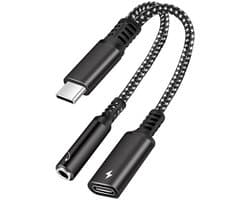 USB-C (type-c) Male naar 3.5MM jack AUX Female + USB-C female - koptelefoon speaker headset adapter kabel - 60W - geschikt voor o.a. telefoon en laptop - zwart