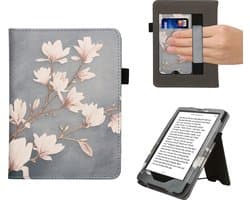kwmobile e-reader hoesje geschikt voor Amazon Kindle Paperwhite 11. Generation 2021 hoes - E reader flip case van kunstleer - Ereader cover met stand - Magnolia design in taupe / wit / blauwgrijs