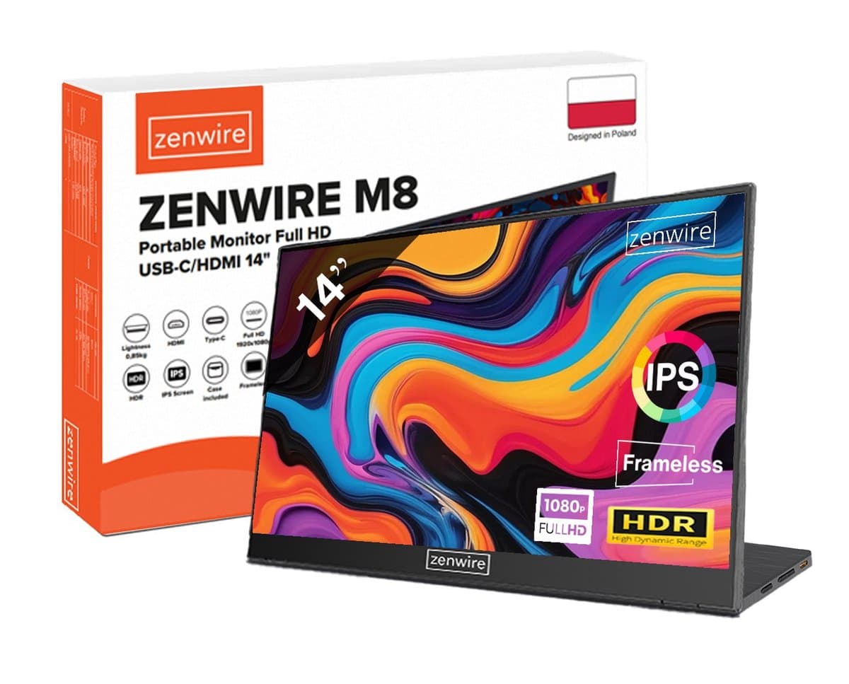 Zenwire M8 draagbare monitor - Portable Monitor - 2x USB-C - Full HD 1920x1080 - IPS Beeldscherm - HDMI - HDR 14" - SLIM met standaard - 2 ingebouwde stereoluidsprekers - Plug & Play — afbeelding 1