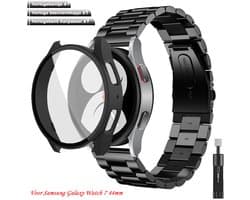 【Voordeelbundel】Stravo RVS Stalen Schakelbandje Zwart + TPU Case Zwart + Horlogebandje Aanpasser - Geschikt voor Samsung Galaxy Watch 7 44mm - Beschermhoes voor Galaxy Watch 7 44mm Smartwatch