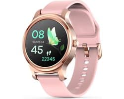 Belesy® SMART - Smartwatch Dames - Smartwatch Heren - Horloge - Bluetooth Bellen - Stappenteller - 1.3 inch - Kleurenscherm - Full Touch - Goud - Roze - Siliconen - Moederdag