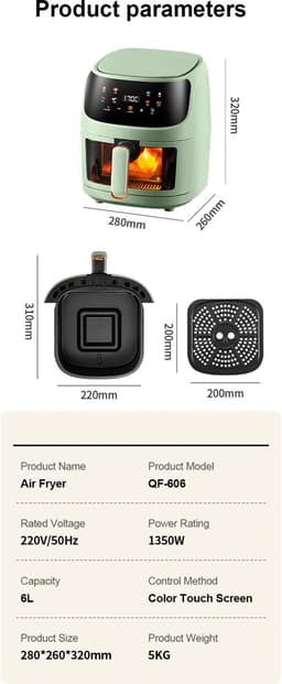 Microdata - Airfryer - Heteluchtfriteuse - Airfryer Oven - Hetelucht Oven - Digitale Airfryer - Lucht Frituur - Touchscreen bediening - Schuiflade met glas - QF606 - 6L - 1350Watt - Groen — thumbnail 3