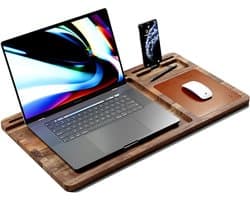 lula Life - Luxe Lap Desk - Schoottafel van Massief Acaciahout - Schootbureau Met Grote Leren Muismat - Laptray Met Uitsparingen Voor Laptop, Telefoon, Tablet en Stroomkabels - Geschikt Voor Laptops Tot 17,3 inch - Massief Houten Lapdesk