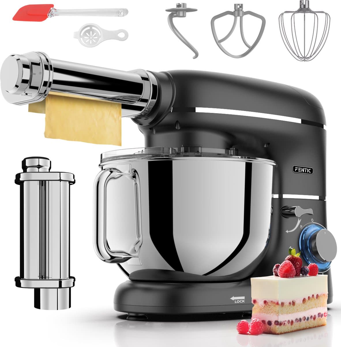 Fentic Keukenmachine - 2000W - Keukenrobot - Incl. Pastaroller en extra accessoires - 6,2L Mengkom - Foodprocessor - Pastamachine - Zwart — afbeelding 1