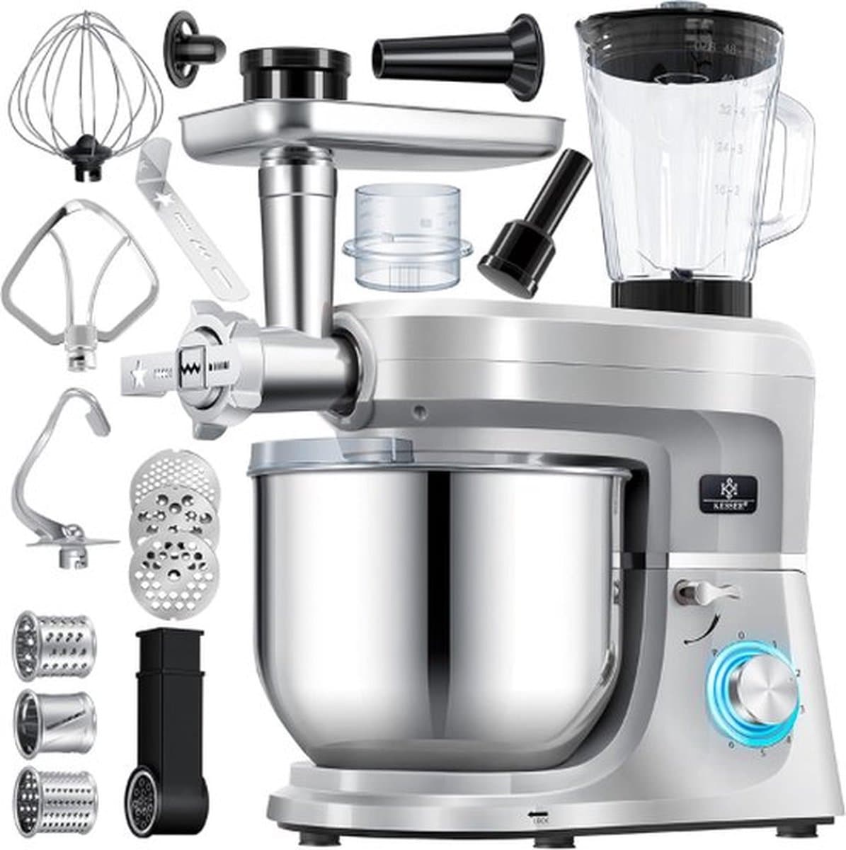 Luxe Keukenrobot – 3 in 1 Keukenmachine – Foodprocessor – Keukenmixer – Worstenmaker – Snijmachine – Raspen – Deegmachine – 1.5L – 1700W – Zilver — afbeelding 1