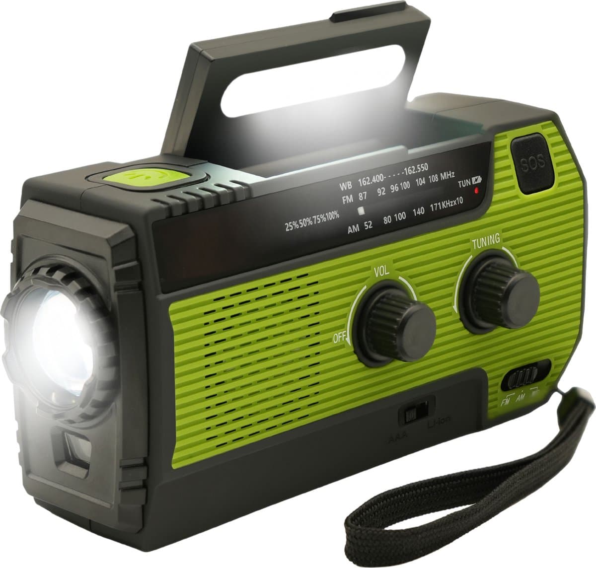 Noodradio Solar Opwindbaar en Batterijen - Noodpakket - Draagbare Survival Radio - Powerbank en Zonneenergie - Bouwradio - Zaklamp - 4000 mAh - Groen — afbeelding 1