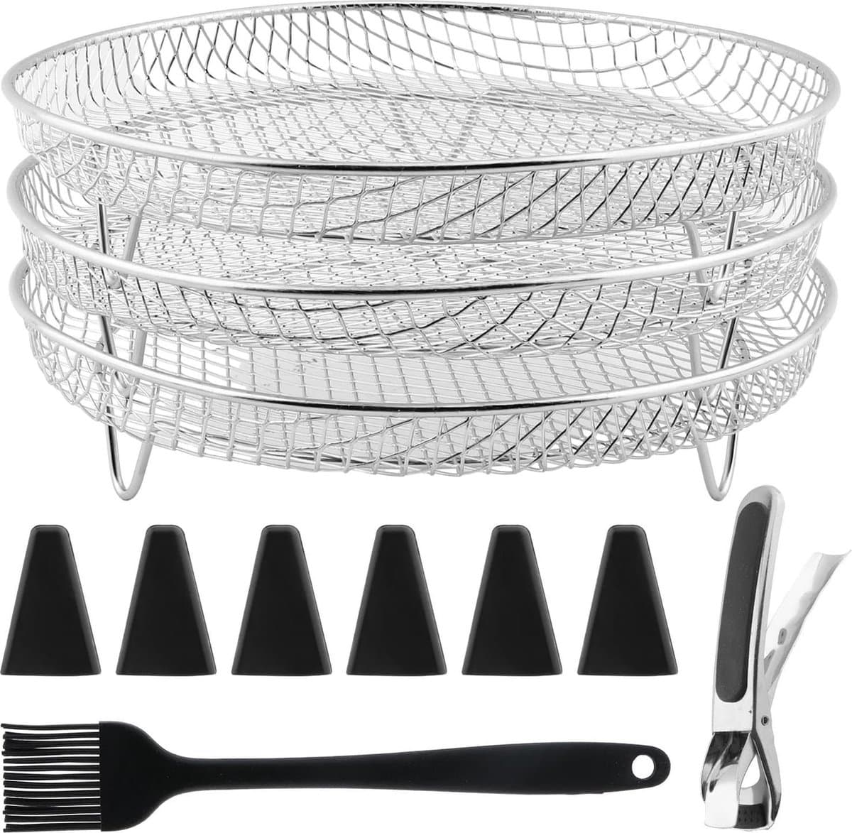 Airfryer-accessoires, 3-laags stapelbare droogrekken, roestvrijstalen Airfryer-mandlade Droogrek met olieborstel, voedselclip en verhogingsvoetjes, 304 RVS grillrek past op 4,2-5,8 QT Airfryer, oven — afbeelding 1
