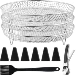 Airfryer-accessoires, 3-laags stapelbare droogrekken, roestvrijstalen Airfryer-mandlade Droogrek met olieborstel, voedselclip en verhogingsvoetjes, 304 RVS grillrek past op 4,2-5,8 QT Airfryer, oven — thumbnail 1