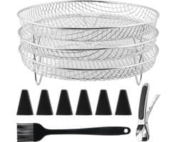 Airfryer-accessoires, 3-laags stapelbare droogrekken, roestvrijstalen Airfryer-mandlade Droogrek met olieborstel, voedselclip en verhogingsvoetjes, 304 RVS grillrek past op 4,2-5,8 QT Airfryer, oven