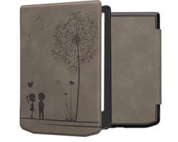 kwmobile e-reader hoesje geschikt voor Pocketbook Verse / Verse Lite / Verse Pro / Color / Vivlio Light/Light HD hoes - Ereader flip case met standaard - Kunstleren e reader cover - Paardenbloemen Liefde design in grijs