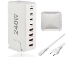 USB-C Snellader 240W – 8-Poorts GaN III Oplader (PD100W + 3x PD30W + 4x QC18W) – Snelle Lader voor Laptop, Smartphone en Tablet