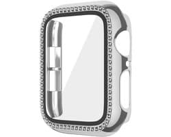 Watch case screenprotector - hoesje - gehard glas - geschikt voor Apple Watch Series 7/8/9 met case size 45 mm - glittersteentjes - zilver