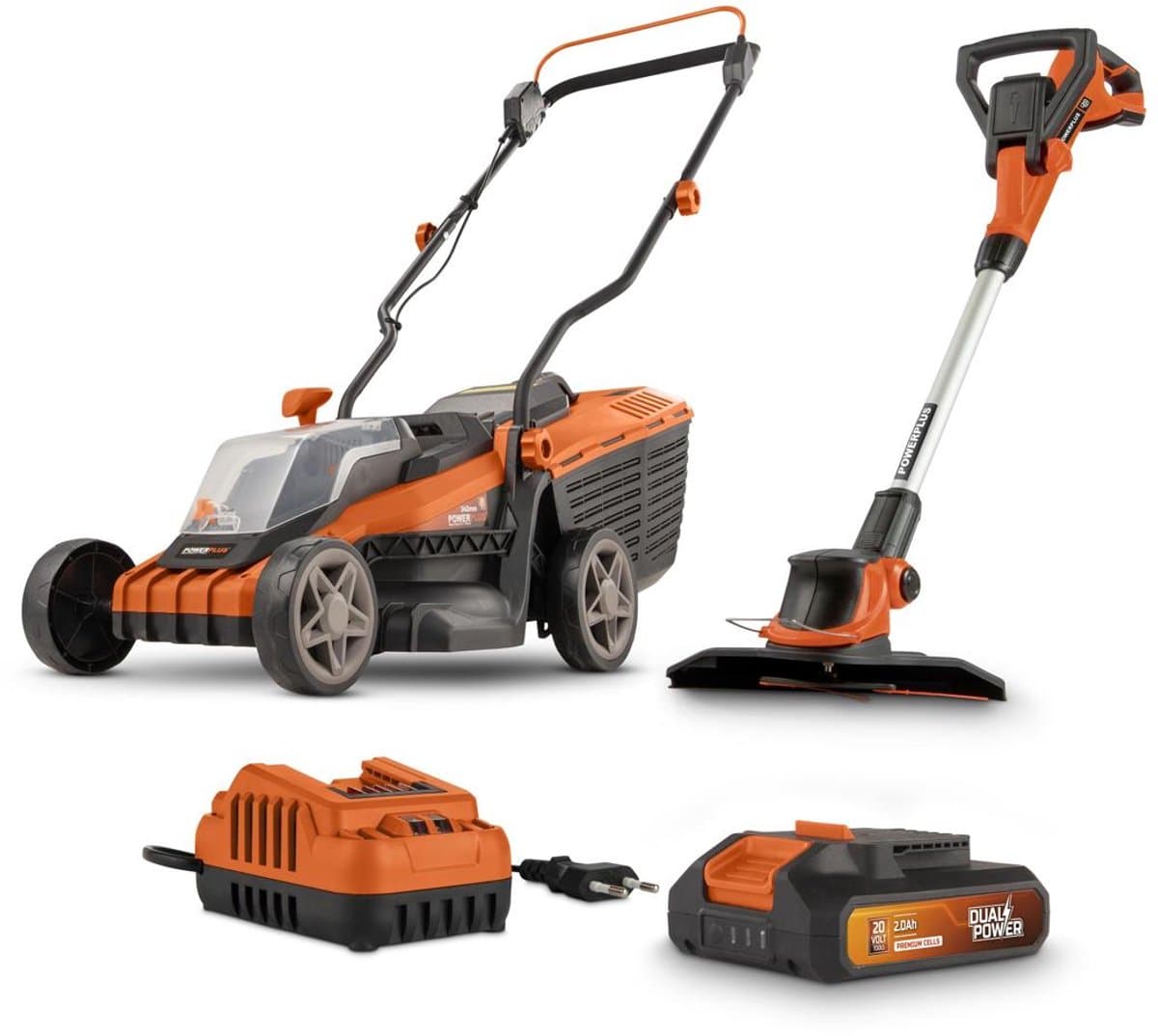 Dual Power Accu-grasmaaier en grastrimmer POWDPG75567 - Grasmaaier van 20 V en 340 mm Ø en grastrimmer van 20 V en 240 mm Ø, met accu en lader — afbeelding 1