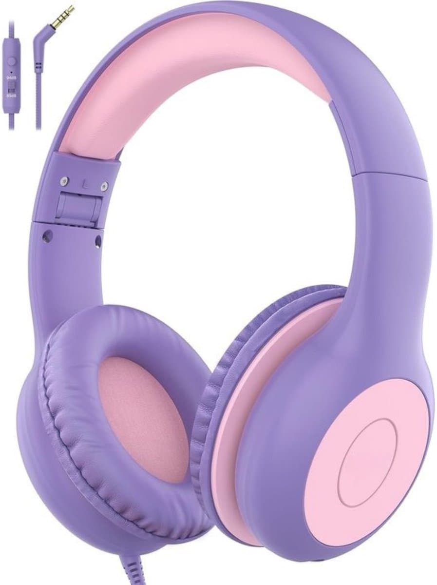 Intelectro Koptelefoon voor Kinderen - Veiligheid en Plezier in Eén! - Hoogwaardige Stereogeluid - Comfortabele Draagervaring - HD Microfoon - Volumeregeling - Brede Compatibiliteit en Audio Delen - Paars/Roze - Levering Sneller dan Aangegeven! — afbeelding 1