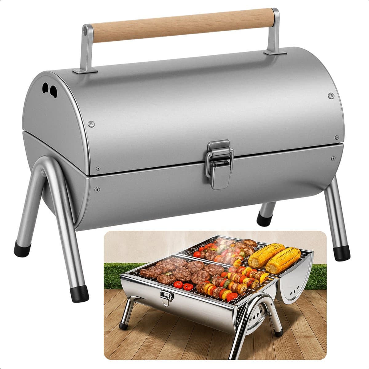 Cheqo® Draagbare Houtskoolbarbecue - Tafelmodel BBQ - Houtskool BBQ - Tafelgrill - Barbecue - Compact voor Balkon en Camping - RVS Design — afbeelding 1
