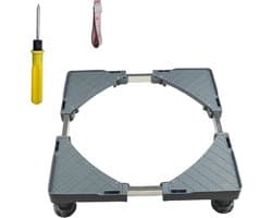 JustValue Wasmachine Verhoger - 150kg Draagkracht - 41-64 x 41-64cm - Hoogte 9-12cm - Ingebouwde Waterpas - Incl. Schroevendraaier, Schroeven en Meetlint - Universeel - Verstelbaar - Opbouwsokkel - Droger - Koelkast - Witgoed - Grijs