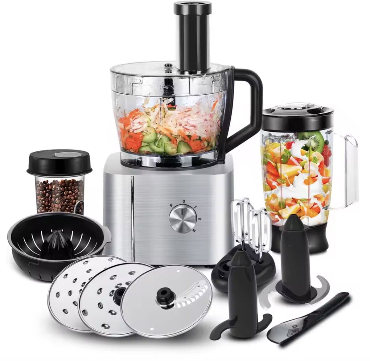 J&R Keukenmachine - Alles in 1 Keukenmachine - Multifunctionele Keukenmachine - Vleesmolen - Garde - Kneder - Shredder - Sinaasappelpers - Hakselaar - Blender - 1100W - Zilver — afbeelding 1