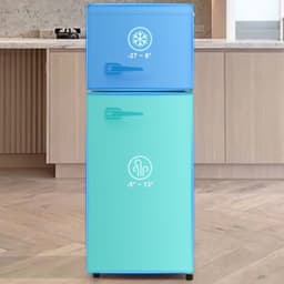 Retro koelkast. Coole en vriezercombinatie, 105,5 cm hoog, 41 cm breed, tweedeurs, met een totaal van 92 liter totaal volume, 28 liter vriezervolume. Deurplanken en glazen planken. 116 kWh/jaar, -27 ° C ~ 13 ° C, LED -licht. — thumbnail 4