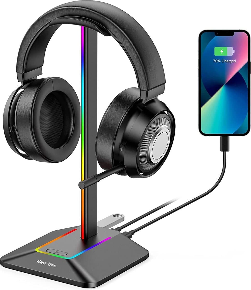 Golden Note, New Bee Z8 Koptelefoon Houder met USB Type-C en A poort en RGB led verlichting, Headphone Stand — afbeelding 1
