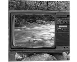 Acrylglas - Oude Vintage Televisie met Doorkijk op Rivier (Zwart-wit) - 50x50 cm Foto op Acrylglas (Wanddecoratie op Acrylaat)