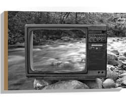 Hout - Oude Vintage Televisie met Doorkijk op Rivier (Zwart-wit) - 60x40 cm - 9 mm dik - Foto op Hout (Met Ophangsysteem)