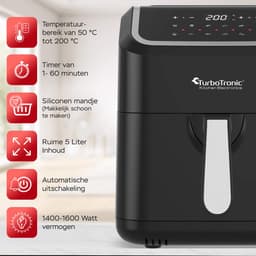 Turbotronic Airfryer XL AirChef - 5L - 1600W - Heteluchtfriteuse - Dual Heating - 50ºC tot 200ºC - 10 Kookprogramma's - Zwart — thumbnail 5