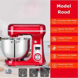 Jurrys Keukenmachine 6L – 1200W – Rood – RVS Mengkom – Keukenrobot met Garde & Mixer – Standmixer voor Bakken & Koken — thumbnail 3