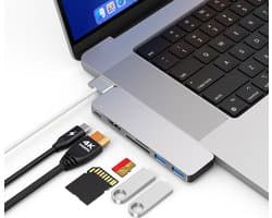 M-TECK MacBook Air/Pro USB-C - Dock - HUB - Splitter - 1 x HDMI 4K60Hz - 1 x Thunderbolt - 2 x USB3.0 - SD/MicroSD kaartlezer - M1/M2/M3/M4- Kleur: Zilver